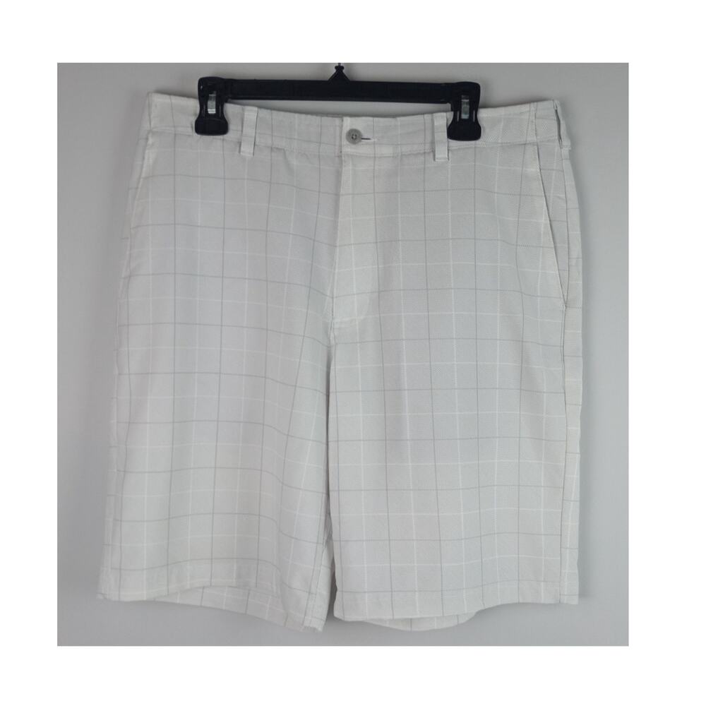 Ben Hogan Mens 34 Light‎ Gray White Checked Performance Chino Golf Shorts